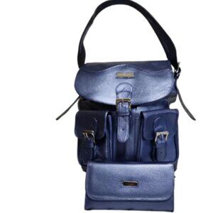 Periwinkle Convertible Leather Backpack with matching tri fold wallet